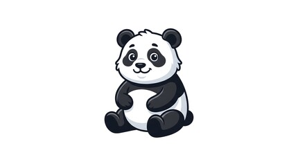 Fototapeta premium A cute and friendly cartoon baby panda sitting down, featuring a cheerful smile, fluffy white fur, and detailed black patches around its eyes and ears