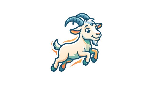 A cheerful and cute cartoon goat with horns jumping playfully, featuring bright colors and a dynamic pose, isolated on a white background as a vector mascot illustration