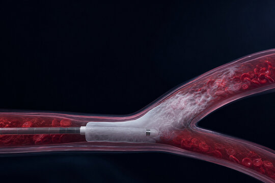 A bolus of dense contrast medium spreading through a translucent arterial branch point, the leading edge feathering into clear blood. Generative AI.