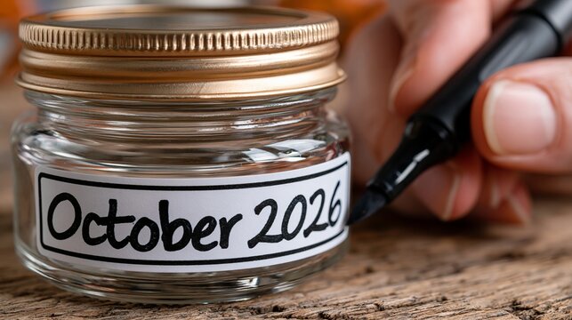 A close-up view of a glass jar labeled 'october 2026' with a black marker on a rustic wooden surface, showcasing planning and organization for the future