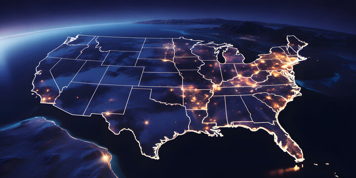 USA map with glowing cities at night depicting population density and economic hubs.