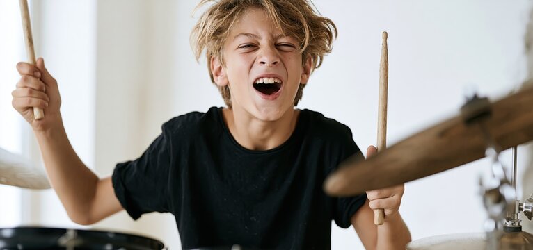 A lively young boy skillfully playing drums in a well-lit studio, highlighting creativity and musical growth.
