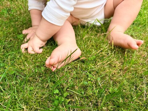 child Infante exploring the lawn with hands. early motor skill development