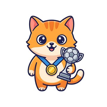 Cute cartoon kitten holding championship trophy and medal. Adorable chibi cat celebrating victory with golden award and ribbon.