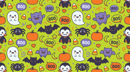 Fototapeta premium Cute Halloween Monster Seamless Pattern with Ghost, Vampire, Bat and Pumpkin Characters