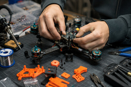 Hands Assembling Small FPV Drone at Maker Space Workbench