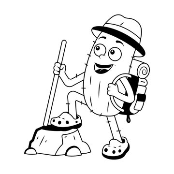Outdoor cactus character hiking with a backpack and walking stick.