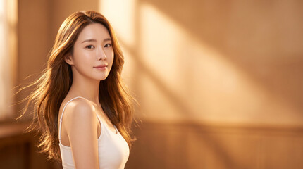 Naklejka premium Beautiful young Asian woman with elegantly flowing hair and radiant skin under warm diagonal sunset rays, positioned on the left with ample copy space.