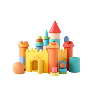 Colorful toy castle built from stackable plastic blocks on a solid white background