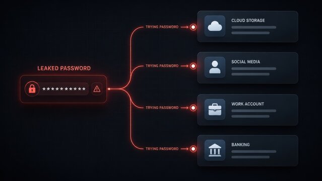 Illustration Depicting the Consequences of a Leaked Password Across Various Online Platforms, Highlighting Risks to Personal and Financial Security