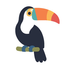 Fototapeta premium A vibrant tropical toucan bird perched on a branch featuring a large colorful beak in a clean flat vector illustration style, ideal for wildlife, nature, or exotic travel themed graphic design