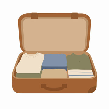 A neat flat vector illustration of an open brown leather suitcase packed with folded clothes including sweaters and shirts ready for a vacation or business trip isolated on a clean white background
