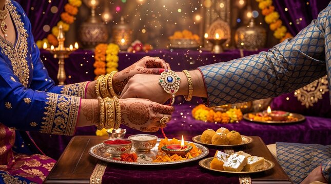 Raksha Bandhan celebration with gemstone rakhi. Sister tying sacred thread on brother wrist.