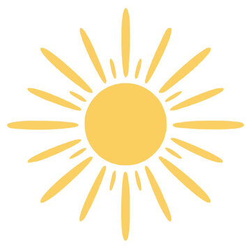 A bright yellow sun with radiating light beams depicted in a clean flat vector illustration style, perfect for summer themes, weather icons, or cheerful graphic design projects on white background