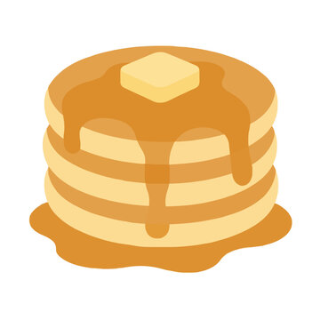 A delicious stack of golden pancakes topped with a square of melting butter and drizzled with sweet syrup is showcased in this vibrant flat vector illustration for breakfast and food concepts