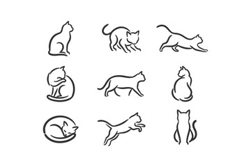 Obraz premium Nine simple black line art cat illustrations showcasing different poses and movements on a white background