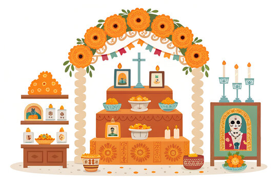 Three tier traditional day of the dead altar with flowers and portraits