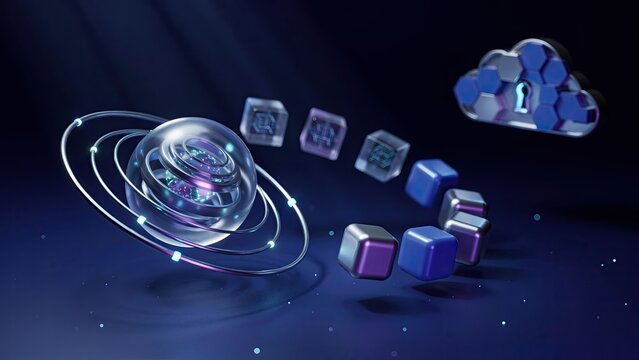 Data sphere orbits digital cubes connected to a cloud computing icon in this dark blue abstract representation.