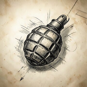 Detailed sketch of a classic hand grenade with shading and graphite texture.