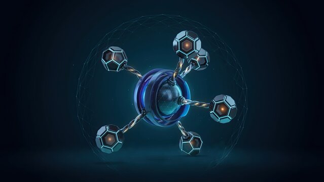 Molecules float in a dark space while connecting hexagonal pods to a central core of rotating energy and light.