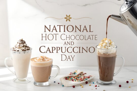 Assorted hot chocolate and cappuccino drinks with whipped cream toppings