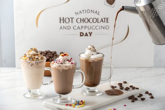 Pouring hot chocolate and cappuccino into mugs for holiday celebration