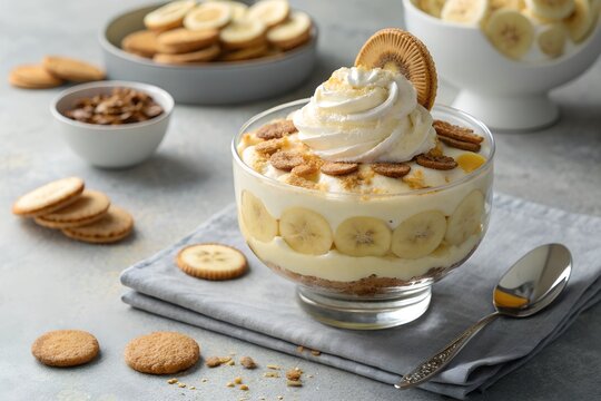 Individual glass serving of banana pudding with wafers and whipped cream
