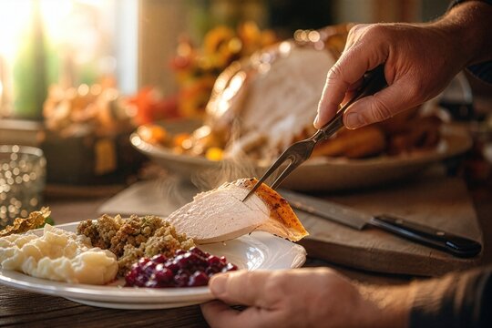 Hand serving slice of roasted turkey breast onto plate with stuffing, mashed potatoes and cranberry sauce, Thanksgiving dinner concept