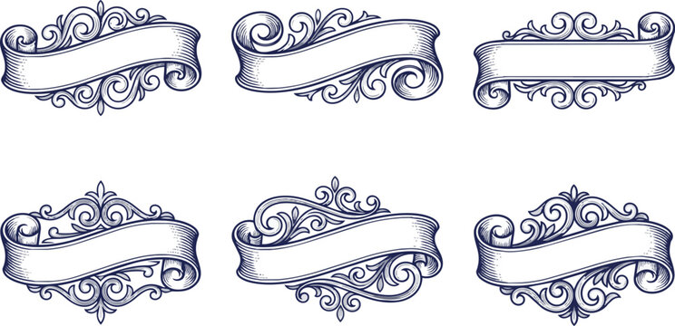 Decorative vintage scroll banner set with intricate hand drawn floral ornament details on white background