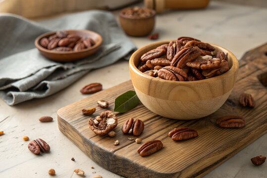 Fresh pecan nuts in a wooden bowl and on a rustic cutting board with nutrition