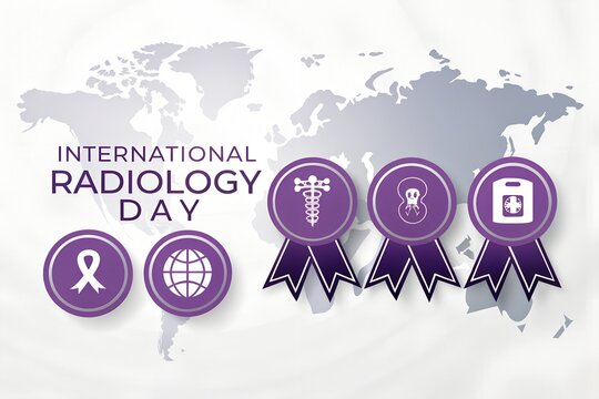 International radiology day medical awards and symbols on world map background
