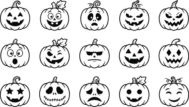 Set of fifteen hand drawn doodle style halloween pumpkin jack o lantern faces with various funny emotional expressions