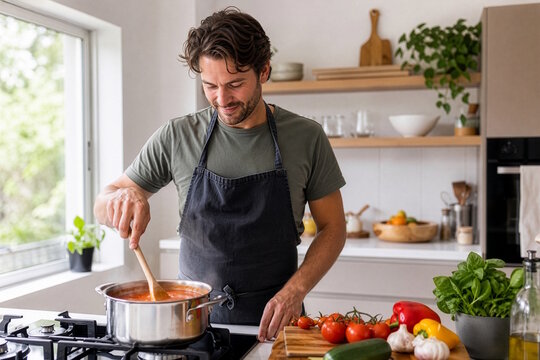 Smiling man in apron stirring homemade tomato sauce in pot on stove in bright modern home kitchen, healthy cooking concept