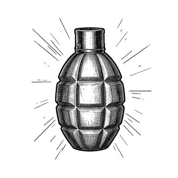 Hand-drawn grenade illustration with radiating lines and shadowed metal body.