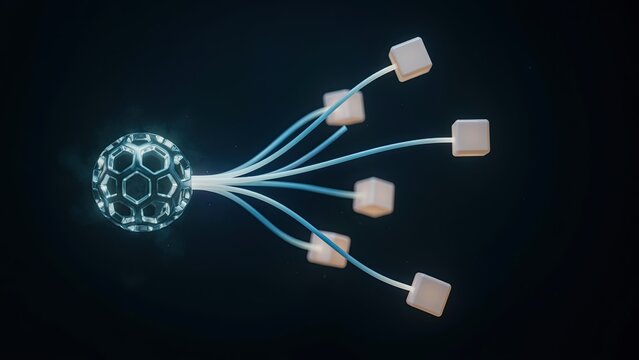 Hexagonal sphere acts as a central hub sending glowing data pathways to multiple white cubes in the darkness.