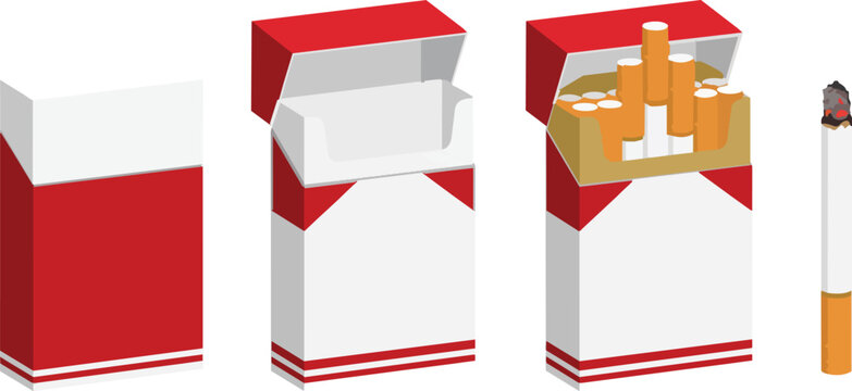 Red and white cigarette packs showing various stages of opening as a vector on white background