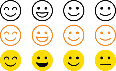 Naklejka premium Minimalist vector graphic illustration of happy smiling yellow and orange emoticons arranged on white background