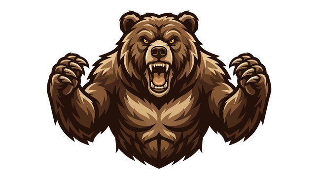 Powerful and aggressive brown bear mascot illustration, depicting a fierce wild animal roaring with outstretched claws, embodying strength and untamed nature