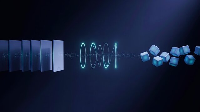 Binary sequence floats between floating rectangular slabs and scattered glowing blue cubes on dark surface.