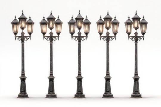 Set of five vintage lamp posts with lanterns, isolated on a white background
