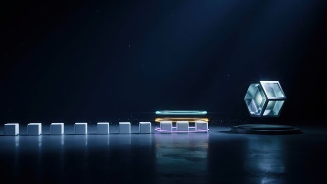 Cubes line up on a reflective floor towards a glowing holographic container in a dark virtual environment.