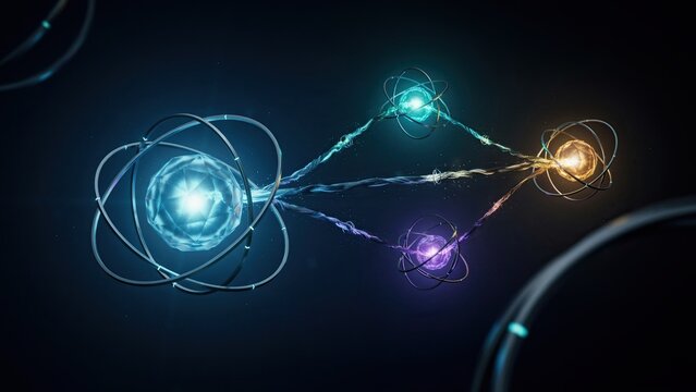 Atoms interact within a dark space to represent complex scientific research and molecular level engineering.