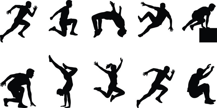 Set of dynamic parkour and athletic movement silhouettes for extreme sports and fitness vector designs