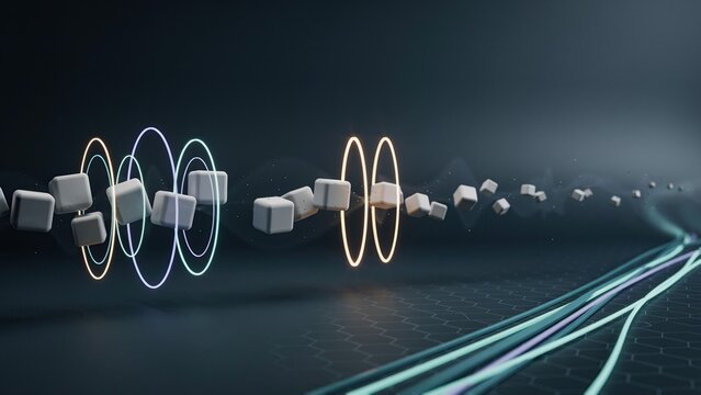 Floating geometric cubes pass through illuminated energy rings while glowing lines trace across the surface.
