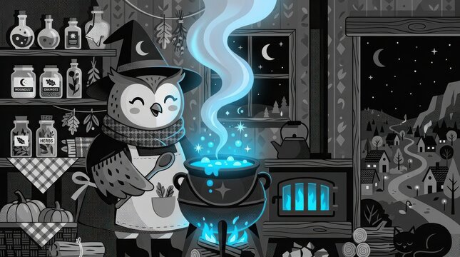 Cute owl witch wearing hat standing in magical cabin kitchen brewing potion in glowing cauldron during night in black white.