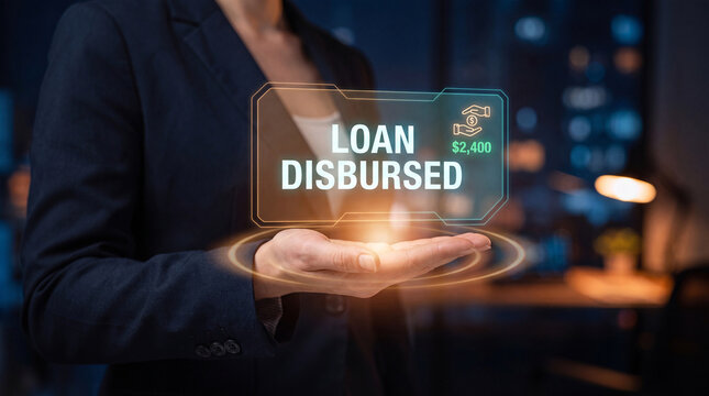 businesswoman holds glowing microfinance loan interface above open palm to verify small business eligibility status, track repayment schedule progress, confirm community fund disbursement, and support