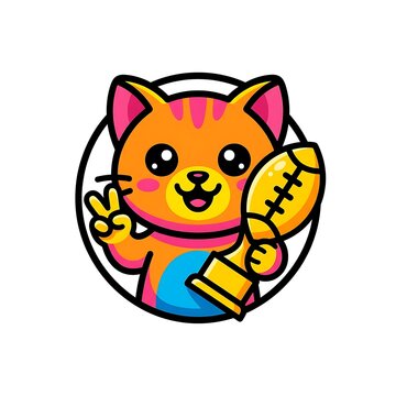 Cute kitten holding a football trophy. Cartoon cat winner celebrating a sports victory.