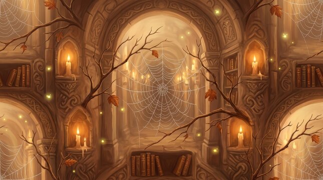 Mysterious ancient library hall interior with cobwebs glowing candles in wall niches and bare autumn branches decoration.