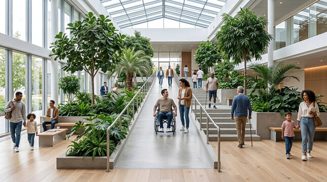 Diverse people walking and relaxing in modern light filled biophilic office atrium.