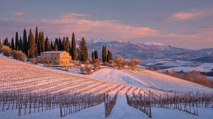 Obraz premium Snow-covered vineyard rows at golden hour in a Tuscan hillside